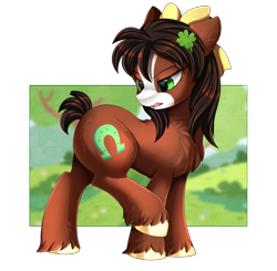 Size: 2809x2750 | Tagged: safe, artist:pridark, imported from derpibooru, trouble shoes, earth pony, pony, cutie mark, eyebrows, eyebrows visible through hair, female, frown, high res, looking back, mare, open mouth, patreon, patreon reward, raised hoof, rule 63, simple background, solo, transparent background, troubleheels clara, unshorn fetlocks