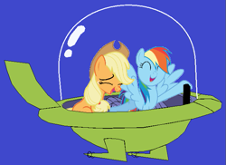 Size: 647x472 | Tagged: safe, artist:guihercharly, imported from derpibooru, applejack, rainbow dash, appledash, driving, female, glass dome, hanna barbera, laughing, lesbian, shipping, space car, space ship, the jetsons