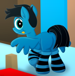 Size: 6494x6600 | Tagged: safe, artist:agkandphotomaker2000, imported from derpibooru, oc, oc only, oc:pony video maker, pegasus, pony, bed, bedroom, blurred object, butt, closet, clothes, dock, looking at you, plot, raised hoof, socks, solo, spread wings, striped socks, tail, tongue out, wings