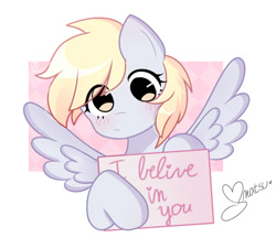 Size: 705x609 | Tagged: safe, artist:arwencuack, imported from derpibooru, derpy hooves, pegasus, pony, blushing, confused, cute, derpabetes, female, misspelling, positive ponies, sign, solo