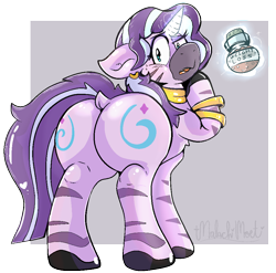 Size: 950x940 | Tagged: safe, artist:malachimoet, imported from derpibooru, starlight glimmer, zecora, oc, oc:voodoo charms, earth pony, pony, unicorn, zebra, blushing, butt, commissioner:bigonionbean, confused, cutie mark, dock, ear piercing, earring, embarrassed, female, flank, fusion, fusion:voodoo charms, jewelry, large butt, levitation, magic, mare, piercing, plot, potion, telekinesis, writer:bigonionbean, zebra oc
