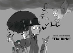 Size: 1024x745 | Tagged: safe, artist:horsesplease, imported from ponybooru, gallus, hitch trailblazer, alfred hitchcock, birb, clothes, derp, gallus the rooster, monochrome, multeity, pun, sad hitch, the birds, umbrella