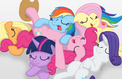 Size: 1280x831 | Tagged: safe, artist:pony-thunder, imported from derpibooru, applejack, fluttershy, pinkie pie, rainbow dash, rarity, twilight sparkle, earth pony, pegasus, pony, unicorn, applejack's hat, chest fluff, cowboy hat, cuddle puddle, cuddling, cute, dashabetes, diapinkes, eyes closed, group, hat, jackabetes, mane six, open mouth, pile, pony pile, raribetes, shyabetes, simple background, sleeping, smiling, snoring, tongue out, twiabetes, white background