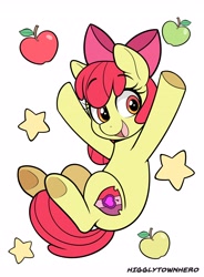 Size: 2480x3366 | Tagged: safe, artist:higgly-chan, imported from derpibooru, apple bloom, earth pony, pony, adorabloom, apple, colored, cute, eyebrows, eyebrows visible through hair, female, filly, food, high res, looking at you, open mouth, open smile, simple background, smiling, smiling at you, solo, stars, white background