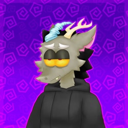 Size: 1280x1280 | Tagged: safe, artist:sillguts, imported from derpibooru, discord, draconequus, abstract background, black hair, clothes, dysphoria, fangs, frown, hoodie, horns, lidded eyes, male, outline, purple background, simple background, solo, swirls, unhappy
