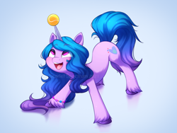 Size: 960x720 | Tagged: safe, artist:scarlet-spectrum, imported from derpibooru, izzy moonbow, pony, unicorn, ball, cute, female, g5, hair physics, horn, horn impalement, hornball, izzy's tennis ball, izzybetes, leg fluff, long mane, mane physics, mare, open mouth, slim, solo, tennis ball, thin, watermark