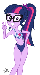 Size: 2209x4096 | Tagged: safe, artist:flutteryaylove, imported from derpibooru, sci-twi, twilight sparkle, equestria girls, equestria girls series, forgotten friendship, bikini, clothes, female, grin, high res, looking at you, peace sign, sci twi is watching you, simple background, smiling, smiling at you, solo, swimsuit, white background