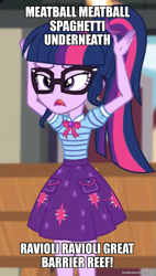 Size: 647x1140 | Tagged: safe, edit, edited screencap, imported from derpibooru, screencap, sci-twi, twilight sparkle, equestria girls, equestria girls series, holidays unwrapped, spoiler:eqg series (season 2), imitation krabs, spongebob squarepants, the cider louse fools