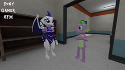 Size: 1280x720 | Tagged: safe, artist:ponygamer2020, imported from derpibooru, princess ember, spike, dragon, robot, 3d, animatronic, ballora, ballora ember, crossover, dragoness, eye contact, female, filly location, five nights at freddy's, five nights at freddy's: sister location, five nights at pinkie's, implied emberspike, looking at each other, looking up, male, older, older spike, parody, pawn shop, rick and morty, scene interpretation, scene parody, sex doll, source filmmaker, teenage spike, teenaged dragon, teenager