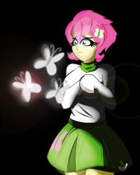 Size: 1600x2000 | Tagged: safe, artist:diamondgreenanimat0, imported from derpibooru, fluttershy, butterfly, human, equestria girls, arms in the air, black background, breasts, busty fluttershy, clothes, cutie mark, pink hair, scarf, shadow, simple background, skirt, surprised, sweater, sweatershy, watching