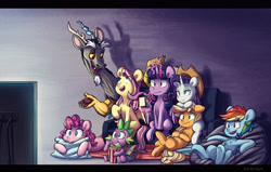 Size: 4147x2637 | Tagged: safe, artist:chub-wub, imported from derpibooru, applejack, discord, fluttershy, pinkie pie, rainbow dash, rarity, spike, twilight sparkle, alicorn, dragon, earth pony, pegasus, pony, unicorn, applejack's hat, cowboy hat, eyebrows, eyebrows visible through hair, female, food, frown, glowing, glowing horn, hat, high res, horn, implied g5, levitation, looking at each other, magic, magic aura, male, mane seven, mane six, mare, missing cutie mark, notebook, open mouth, open smile, pencil, pillow, popcorn, smiling, smiling at each other, telekinesis, television, twilight sparkle (alicorn), winged spike, wings