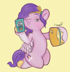 Size: 1280x1323 | Tagged: safe, artist:amynewblue, imported from derpibooru, pipp petals, pegasus, pony, adorapipp, beans, can, cellphone, cute, duckface, female, food, g5, hoof hold, izzy's beans, mare, one eye closed, phone, selfie, simple background, smartphone, solo, wink, yellow background