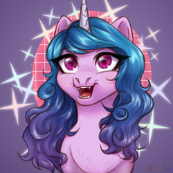 Size: 1500x1500 | Tagged: safe, artist:nika-rain, imported from derpibooru, izzy moonbow, pony, unicorn, bust, cute, cute little fangs, fangs, g5, portrait, simple background, sketch, smiling, solo