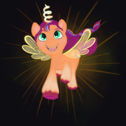 Size: 1280x1280 | Tagged: safe, artist:amynewblue, imported from derpibooru, sunny starscout, earth pony, pony, artificial wings, augmented, female, flying, g5, magic, magic wings, mare, solo, unshorn fetlocks, wings
