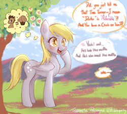Size: 3000x2700 | Tagged: safe, artist:bubblepurity, imported from derpibooru, derpy hooves, doctor whooves, time turner, earth pony, pegasus, pony, background pony, blushing, chat, cute, derp, derpabetes, doctorderpy, female, food, heart, heart eyes, high res, implied carrot top, implied doctorderpy, implied shipping, implied straight, male, mare, muffin, ponyville, shipping, solo, straight, translated in the description, tree, wingding eyes