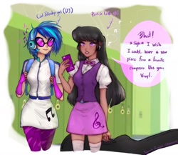 Size: 1440x1251 | Tagged: safe, artist:bubblepurity, imported from derpibooru, dj pon-3, octavia melody, vinyl scratch, human, equestria girls, cello, clothes, dark skin, duo, female, hallway, headphones, high school, highschool, human coloration, humanized, lockers, moderate dark skin, musical instrument, phone, sigh, socks, stockings, teenager, thigh highs