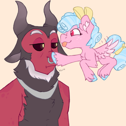 Size: 2000x2000 | Tagged: safe, artist:apatheticxaddict, imported from derpibooru, cozy glow, lord tirek, centaur, pegasus, pony, taur, boop, chest fluff, colored hooves, colored wings, ear fluff, female, flying, gradient wings, high res, horns, male, nose piercing, piercing, pure unfiltered evil, septum piercing, simple background, tirek is not amused, tongue out, unshorn fetlocks, wings
