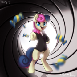 Size: 2700x2700 | Tagged: safe, artist:bubblepurity, imported from derpibooru, bon bon, sweetie drops, earth pony, pony, adorabon, agent, bipedal, bon bond, bonbon style, bottomless, candy, clothes, cute, female, food, gun barrel, high res, james bond, mare, partial nudity, pointing, reference, secret agent sweetie drops, solo, spy, standing