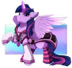 Size: 3680x3448 | Tagged: safe, artist:pridark, imported from derpibooru, twilight sparkle, alicorn, pony, fanfic:dream-mix predawn, badass, chains, chest fluff, clothes, ear fluff, female, glowing, glowing horn, high res, horn, jacket, jewelry, mare, necklace, pendant, socks, solo, spread wings, striped socks, twilight sparkle (alicorn), wings