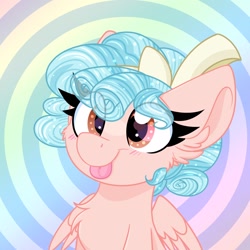 Size: 1450x1450 | Tagged: safe, artist:lbrcloud, imported from derpibooru, cozy glow, pegasus, pony, :p, bow, commission, cozybetes, cute, eye clipping through hair, eyebrows, eyebrows visible through hair, female, filly, hair bow, solo, tongue out, ych result