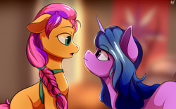 Size: 2676x1656 | Tagged: safe, artist:alexsc112, imported from derpibooru, izzy moonbow, sunny starscout, earth pony, pony, unicorn, duo, g5, scene interpretation, staring contest