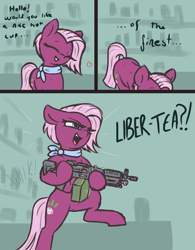 Size: 2340x3000 | Tagged: safe, artist:t72b, imported from derpibooru, jasmine leaf, earth pony, pony, bait and switch, bipedal, comic, dialogue, eyes closed, female, gun, heart, helldivers, high res, hoof hold, m249, machine gun, mare, meme, neckerchief, open mouth, pun, solo, weapon