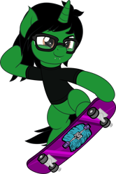 Size: 5000x7530 | Tagged: safe, artist:jhayarr23, imported from derpibooru, oc, oc only, pony, unicorn, absurd resolution, bipedal, clothes, commission, glasses, horn, male, pierce the veil, piercing, ponified, shirt, simple background, skateboard, smiling, snake bites, solo, stallion, t-shirt, tony perry, transparent background, unicorn oc, vector, ych result