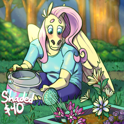 Size: 1500x1500 | Tagged: safe, artist:roseanon4, imported from derpibooru, fluttershy, anthro, pegasus, advertisement, digital art, flower, hoers, solo, sunlight, watering can