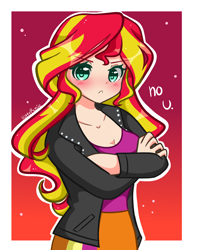 Size: 2520x3200 | Tagged: safe, artist:kittyrosie, imported from derpibooru, sunset shimmer, equestria girls, :c, adorasexy, blushing, breasts, busty sunset shimmer, cleavage, clothes, crossed arms, cute, frown, high res, human coloration, jacket, leather jacket, looking at you, no u, sexy, shimmerbetes, solo, talking to viewer