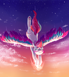 Size: 2232x2500 | Tagged: safe, artist:roseanon4, imported from derpibooru, zipp storm, pegasus, pony, blushing, cloud, crying, digital art, female, flying, g5, high res, mare, sky, solo, spread wings, stars, wings