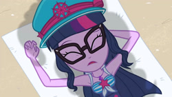 Size: 3410x1920 | Tagged: safe, imported from derpibooru, screencap, pinkie pie, sci-twi, twilight sparkle, equestria girls, equestria girls series, forgotten friendship, armpits, beach, clothes, eyes closed, female, geode of telekinesis, glasses, hat, high res, jewelry, magical geodes, necklace, offscreen character, one-piece swimsuit, open mouth, overhead view, shadow, sleeveless, solo, swimsuit
