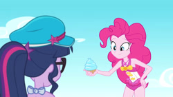 Size: 3410x1920 | Tagged: safe, imported from derpibooru, screencap, pinkie pie, sci-twi, twilight sparkle, equestria girls, equestria girls series, forgotten friendship, bare shoulders, clothes, cupcake, cute, diapinkes, duo, duo female, female, food, geode of sugar bombs, glasses, high res, jewelry, magical geodes, necklace, one-piece swimsuit, pinkie pie swimsuit, ponytail, sleeveless, smiling