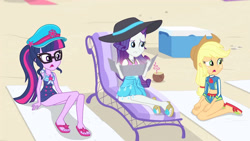 Size: 3410x1920 | Tagged: safe, imported from derpibooru, screencap, applejack, rarity, sci-twi, twilight sparkle, equestria girls, equestria girls series, forgotten friendship, applejack's hat, beach, beach chair, bikini, chair, clothes, cowboy hat, cutie mark, cutie mark on clothes, feet, female, geode of shielding, geode of super strength, geode of telekinesis, glasses, hat, high res, jewelry, magical geodes, midriff, necklace, one-piece swimsuit, open mouth, ponytail, sandals, sleeveless, swimsuit, trio, trio female