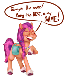 Size: 1250x1500 | Tagged: safe, artist:roseanon4, imported from derpibooru, sunny starscout, earth pony, pony, bag, digital art, doodle, female, g5, mare, open mouth, proud, saddle bag, simple background, solo, speech bubble, teeth, transparent background, unshorn fetlocks