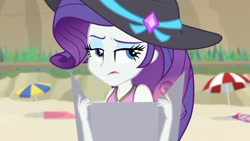 Size: 3410x1920 | Tagged: safe, imported from derpibooru, screencap, rarity, equestria girls, equestria girls series, forgotten friendship, beach, bikini, bikini top, clothes, female, hat, high res, open mouth, rarity's purple bikini, solo, sun hat, swimsuit, tanning mirror