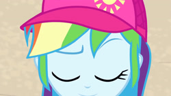 Size: 3410x1920 | Tagged: safe, imported from derpibooru, screencap, rainbow dash, equestria girls, equestria girls series, forgotten friendship, beach, cap, close-up, eyes closed, female, hat, high res, smiling, solo