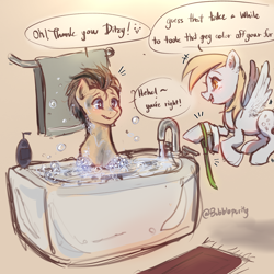 Size: 2700x2700 | Tagged: safe, artist:bubblepurity, imported from derpibooru, derpy hooves, doctor whooves, time turner, earth pony, pony, unicorn, bath, bathing, bathroom, bathtub, bubble, clothes, cosplay, costume, doctorderpy, doodle, female, flying, high res, male, necktie, shipping, sketch, straight, towel