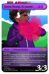 Size: 936x1397 | Tagged: safe, artist:bbsartboutique, imported from derpibooru, oc, oc only, oc:limón picante, anthro, unicorn, card game, heart, magic, solo