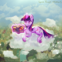 Size: 2700x2700 | Tagged: safe, artist:bubblepurity, imported from derpibooru, twilight sparkle, alicorn, pony, book, cloud, crossed hooves, cute, daring do book, female, glowing, glowing horn, high res, horn, levitation, lying down, lying on a cloud, magic, mare, on a cloud, ponyville, reading, relaxing, sitting, solo, telekinesis, twiabetes, twilight sparkle (alicorn)