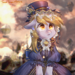 Size: 2700x2700 | Tagged: safe, artist:bubblepurity, imported from derpibooru, derpy hooves, pegasus, pony, clockwise whooves, clock, clothes, derp, dress, ear fluff, eye reflection, female, floppy ears, hat, high res, mare, reflection, solo, steampunk, top hat