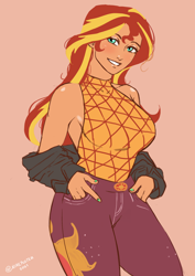 Size: 1240x1754 | Tagged: safe, artist:nire, imported from derpibooru, sunset shimmer, equestria girls, bare shoulders, blushing, breasts, busty sunset shimmer, clothes, curvy, female, jacket, looking at you, music festival outfit, nail polish, sideboob, smiling, smiling at you