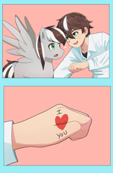 Size: 2560x3936 | Tagged: safe, artist:vincent t, imported from derpibooru, oc, oc only, oc:raxella gessu, human, pegasus, pony, fangs, high res, interspecies selfcest, love, oc x oc, pegasus oc, pegasus wings, self ponidox, selfcest, shipping, spread wings, wing open, wingboner, wings