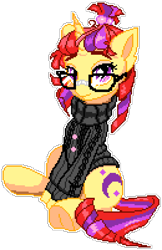 Size: 910x1407 | Tagged: safe, artist:dstears, artist:epicvon, imported from derpibooru, moondancer, pony, unicorn, clothes, cute, dancerbetes, female, glasses, looking at you, manepxls, mare, pixel art, pxls.space, simple background, sitting, solo, sweater, transparent background