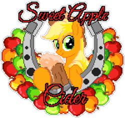 Size: 1050x987 | Tagged: safe, artist:epicvon, artist:steffy-beff, imported from derpibooru, applejack, earth pony, pony, apple, applejack's hat, cider, cowboy hat, female, food, freckles, hat, horseshoes, looking at you, manepxls, mare, pixel art, pxls.space, simple background, smiling, solo, stetson, transparent background