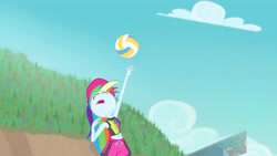 Size: 3410x1920 | Tagged: safe, imported from derpibooru, screencap, rainbow dash, equestria girls, equestria girls series, forgotten friendship, beach, cap, clothes, eyes closed, female, geode of super speed, hat, high res, magical geodes, nose in the air, open mouth, rainbow dash is best facemaker, sleeveless, solo, sports, swimming trunks, swimsuit, volleyball