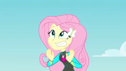 Size: 3410x1920 | Tagged: safe, imported from derpibooru, screencap, fluttershy, equestria girls, equestria girls series, forgotten friendship, clothes, female, geode of fauna, gritted teeth, hairpin, high res, jewelry, magical geodes, necklace, solo, swimsuit, teeth, wetsuit