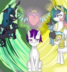 Size: 2021x2160 | Tagged: safe, artist:houl2902, imported from derpibooru, princess celestia, queen chrysalis, alicorn, changeling, pony, unicorn, cape, clothes, crown, eyes open, female, guard, hat, heart, high res, jewelry, male, mare, regalia, stallion, wizard hat