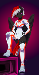 Size: 1784x3445 | Tagged: safe, artist:hakkids2, imported from derpibooru, oc, oc only, oc:silverstring, anthro, pegasus, plantigrade anthro, armor, boots, breasts, clothes, commission, digital art, female, looking at you, pose, shoes, simple background, solo, stockings, suit, tail, thigh highs, thighs, wide hips, wings