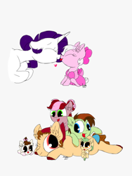 Size: 800x1066 | Tagged: safe, artist:doodletheexpoodle, imported from derpibooru, rarity, oc, oc:apple clafoutis, oc:apple fritter, oc:butterscotch, oc:neapolitan, oc:toasted strudel, earth pony, pony, unicorn, alternate hairstyle, baby, baby pony, boop, bow, clothes, colt, dress, female, filly, hair bow, heart, male, mother and child, mother and daughter, noseboop, offspring, parent:applejack, parent:big macintosh, parent:cheese sandwich, parent:rarity, parents:cheesejack, parents:rarimac, pony pile, siblings, simple background, tongue out, white background
