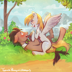 Size: 2700x2700 | Tagged: safe, artist:bubblepurity, imported from derpibooru, derpy hooves, doctor whooves, time turner, earth pony, pegasus, pony, accident, background pony, blushing, chat, cute, derp, derpabetes, doctorderpy, exclamation point, female, food, heart, heart eyes, high res, lying down, male, mare, muffin, on back, ponyville, question mark, shipping, sitting, sitting on person, sitting on pony, straight, tail, tail wiggle, tree, wingding eyes, wings